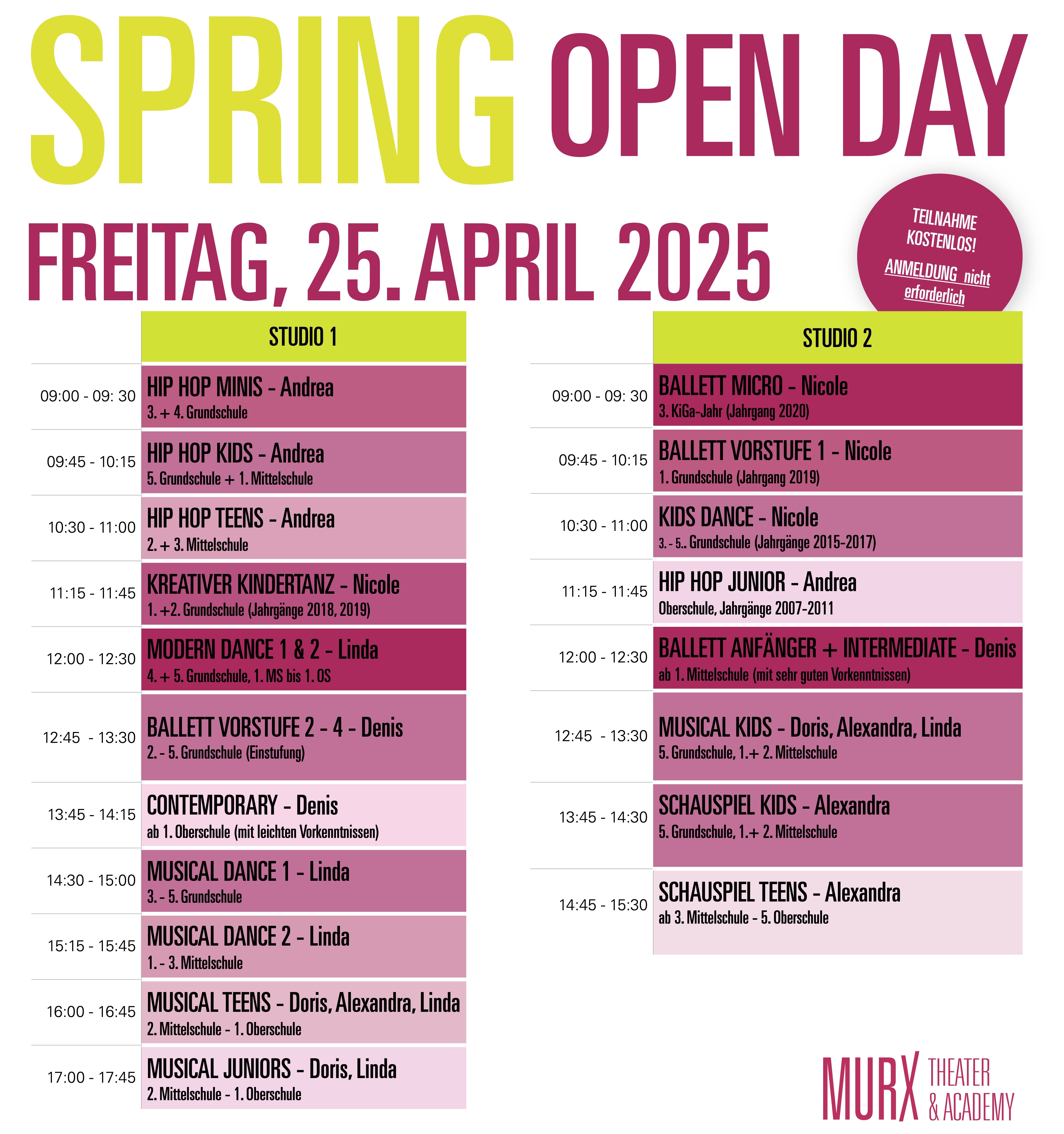 Stundenplan Spring Open Day 2025
